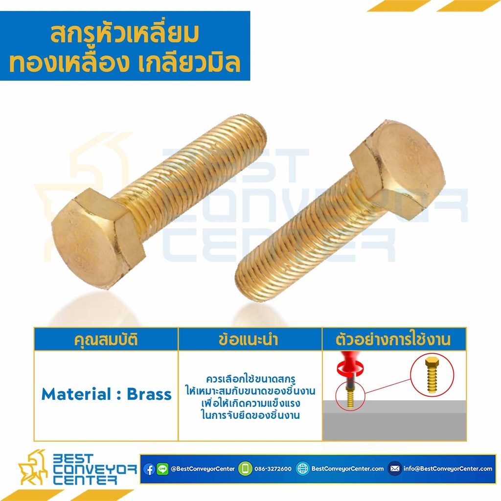 สกรูหัวเหลี่ยมทองเหลือง ขนาด M4x30 mm. : BHS-M4L30
