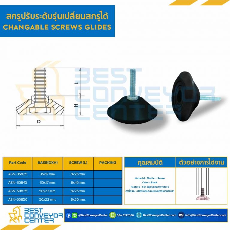ASN-35845 สกรูปรับระดับรุ่นเปลี่ยนสกรูได้ฐาน 35 mm. M8x45 mm.