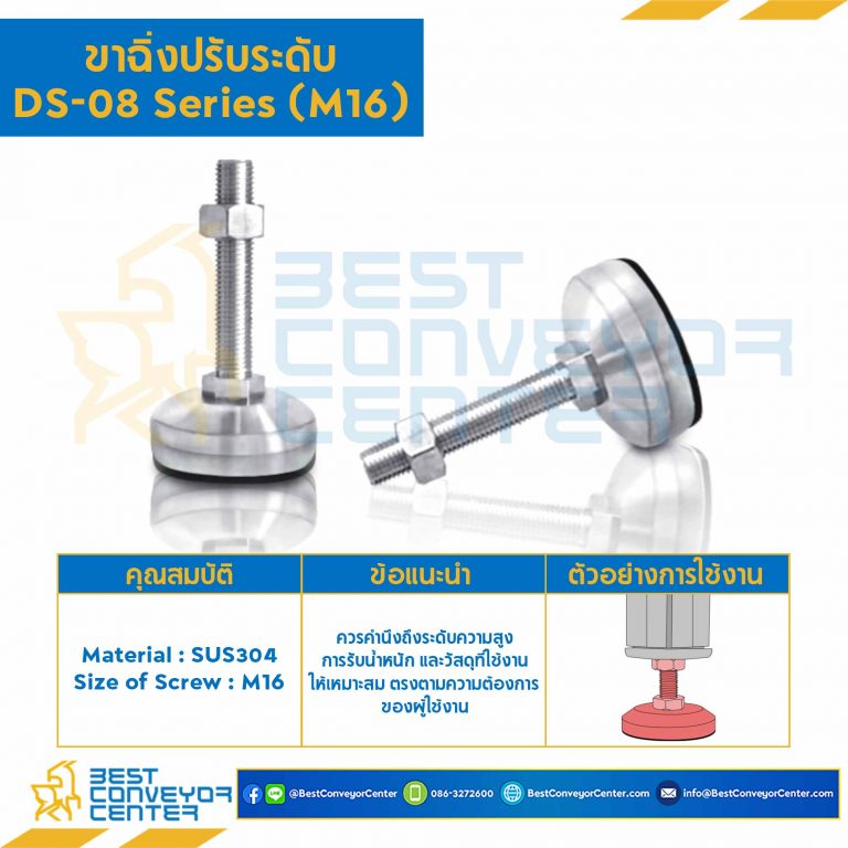 DS-0816100L  Adjustable Swivel, Anti-Vibration Leveling Glides : M16x100 mm. SUS304