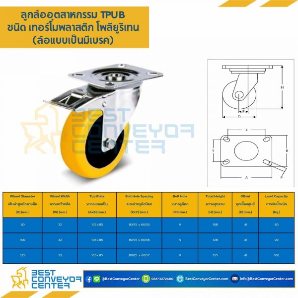 TPUB-B-100 ล้อเทอร์โมพลาสติกโพลียูรีเทน แบบแป้นเบรค ขนาด 100 mm.