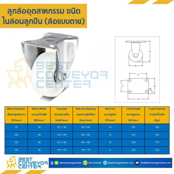 NYB-R-125 ล้อไนล่อนลูกปืน แบบแป้นตาย ขนาด 125 mm.