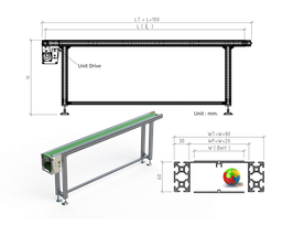 Mini Belt Conveyor : Model &quot;MiiB&quot; Dimension ; W400xL750xH750+50mm. Frame Aluminium Profile 60x30 mm. Roller Drive&amp;Tail Dia 60 mm. Steel Zinc Plate Support Belt : steel zinc 1.5 mm. Stand Aluminium 30x30 mm. Motor gear 220V/50Hz + adjustable speed  Foot Adjust M16x150 mm. Steel zinc
